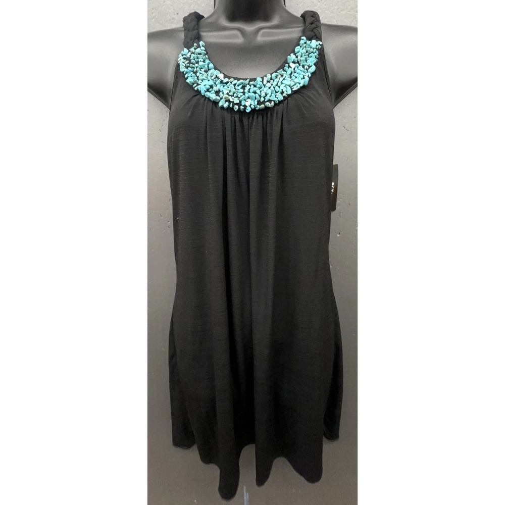 Sleeveless Mini‎ Dress M Black Turquoise Stones Stretch Aztec Artsy Boho NEW